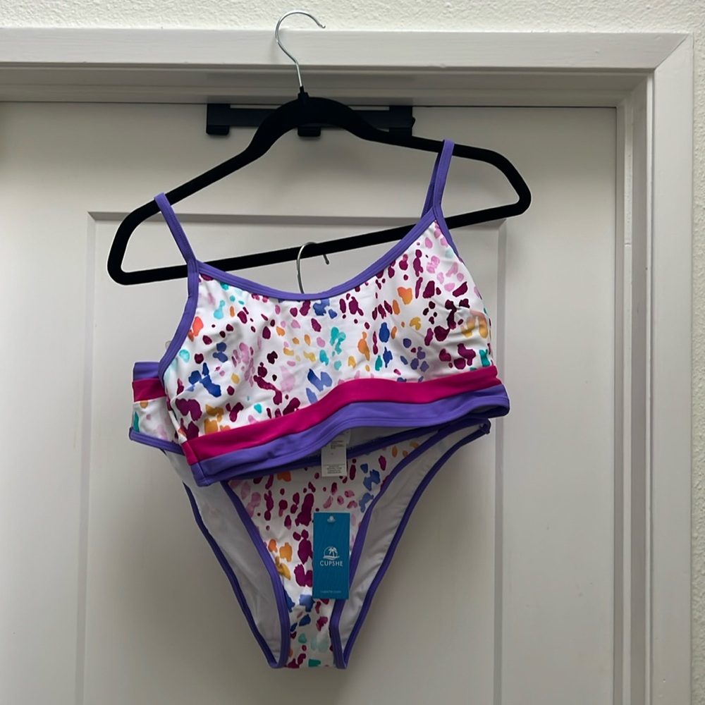 CUPSHE rainbow leopard scoop neck bikini top and high rise bottoms M/L